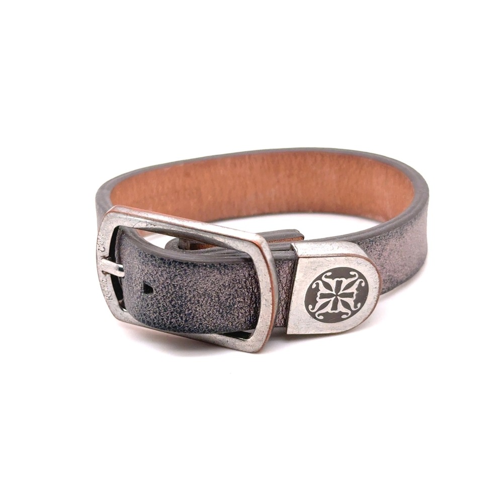 Rustic Cuff Metallic Pewter Leather Buckle Wrap Bracelet Logo Charm